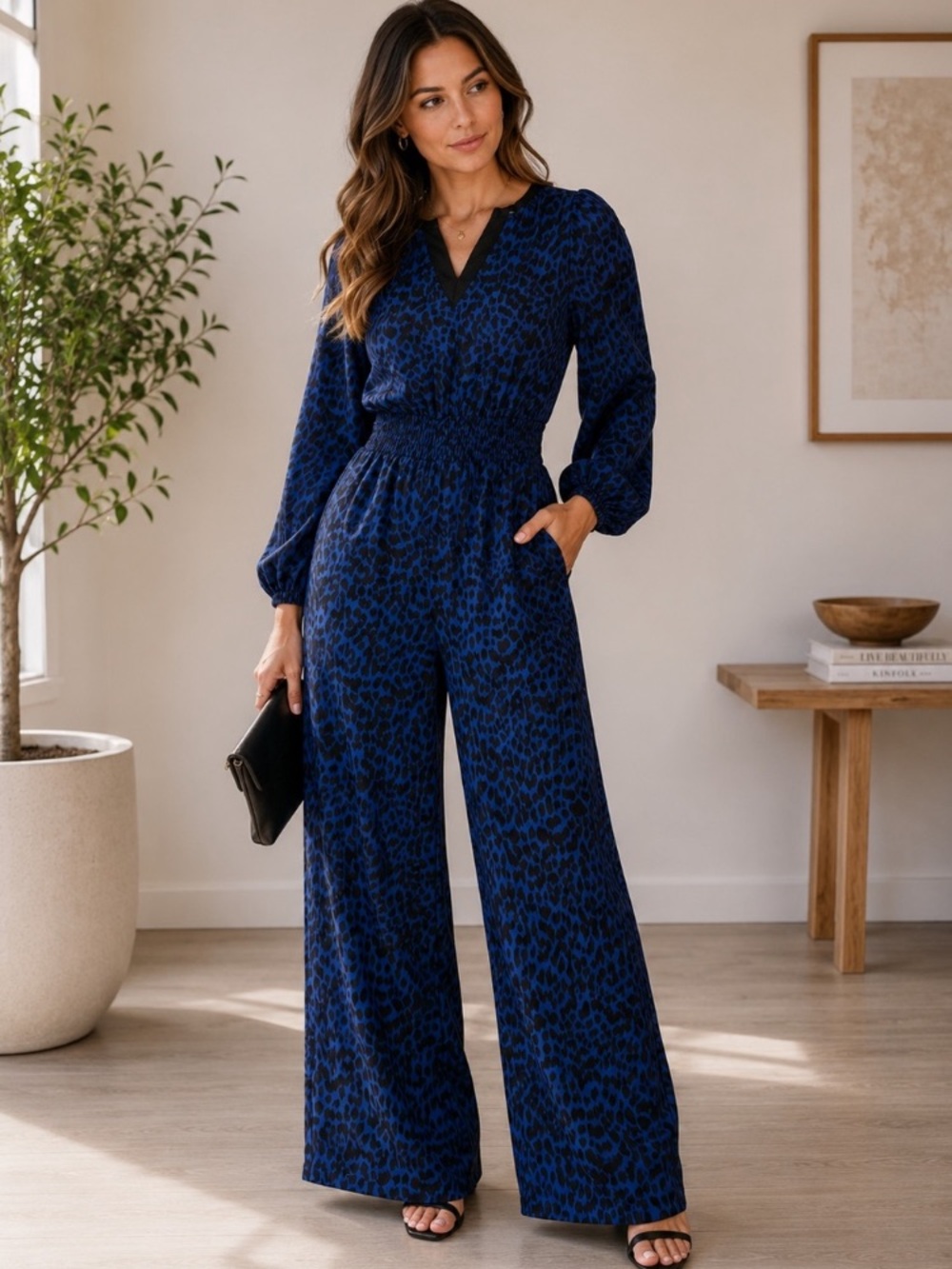 Women's Navy Blue Leopard Print Long-Sleeves Wide-Leg Jumpsuit